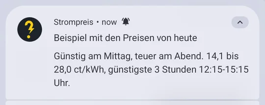 Eine Meldung der App in der Benachrichtigungsleiste: der Tag in einem Satz, die Spanne der Preise und die günstigsten drei Stunden