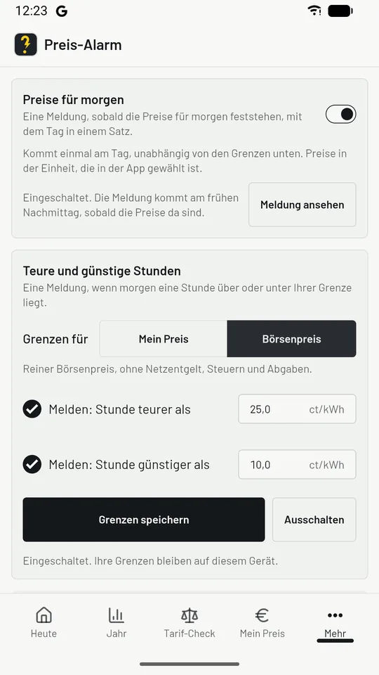 Die Einstellungen für den Preis-Alarm mit einer oberen und einer unteren Grenze in ct/kWh